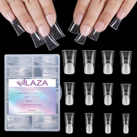 Laza 120pcs Medium Length Duck Nail Tips with Auxiliary Lines - Clear Full Cover Wide Nail Tips for Acrylic Nails, 12 Sizes Box-Packed