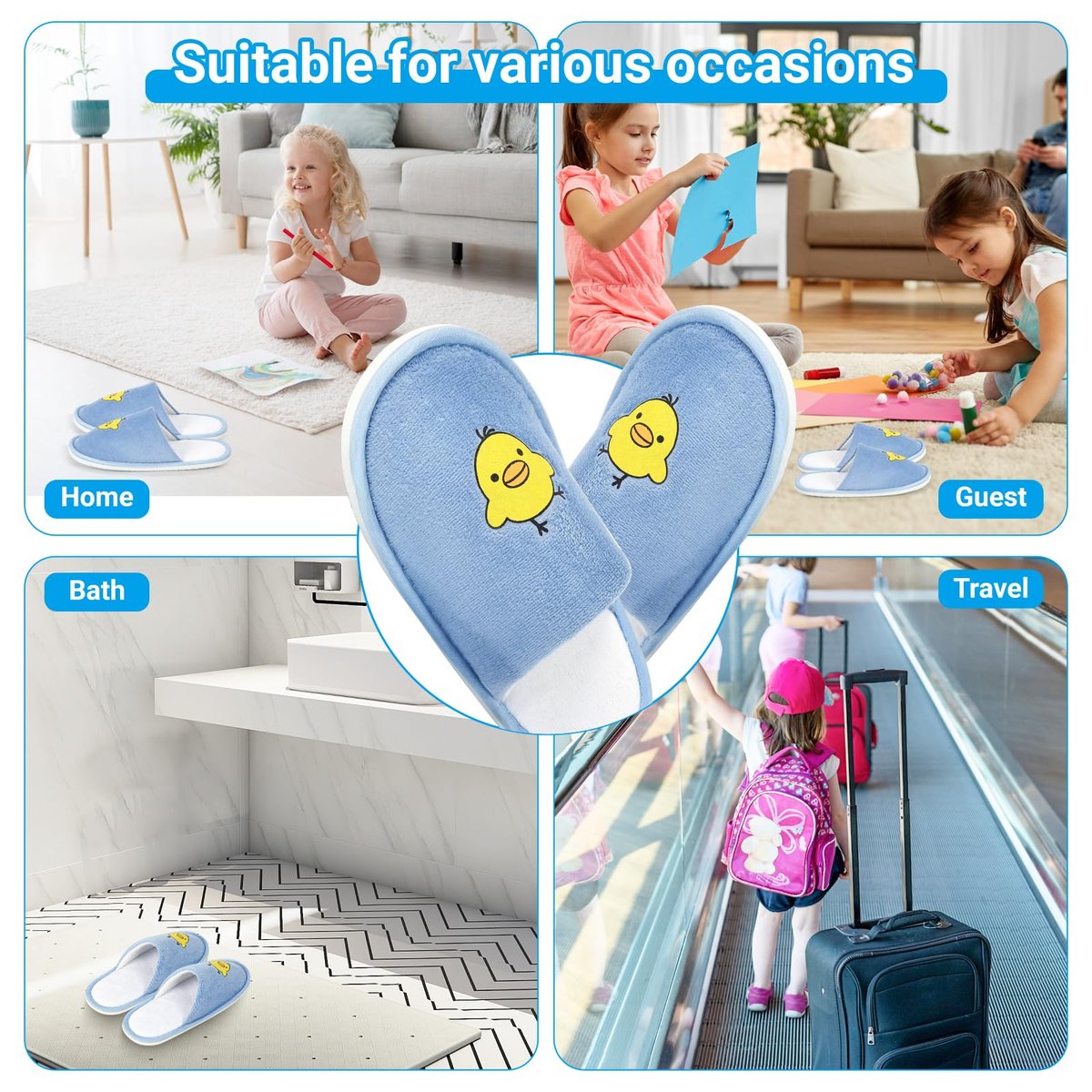 NUHUi 6 Pairs Disposable Spa Slippers for Kids - Smiley Yellow Chicken Face Design, Size 2.5-3 (4-8 Years), Cotton - görsel 6