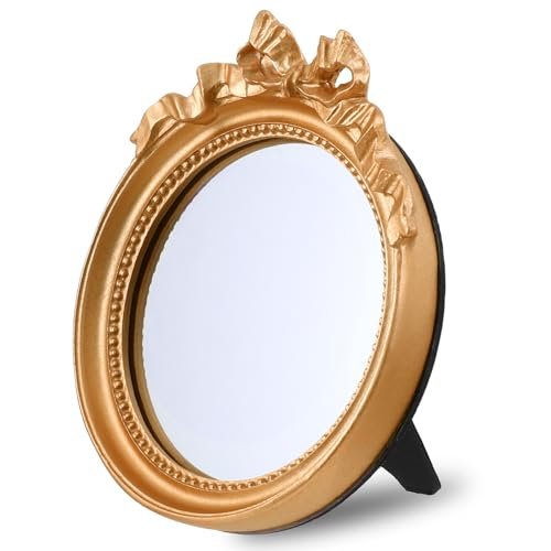Small Wall Mirror 4.2'' Gold Vintage Makeup Desk Mirror - Traditional Round Table Mirror with Resin Frame, Decorative Hanging Mirror for Bedroom, Bathroom, Tabletop, Wall Avelisse