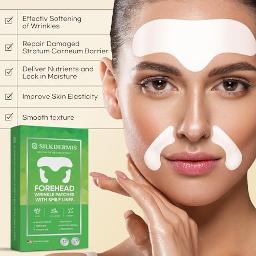 SILKDERMIS Smile Line and Forehead Wrinkle Patches – 24 Smile Line + 12 Forehead Patches with Aloe, Collagen & Vitamin E Avelisse