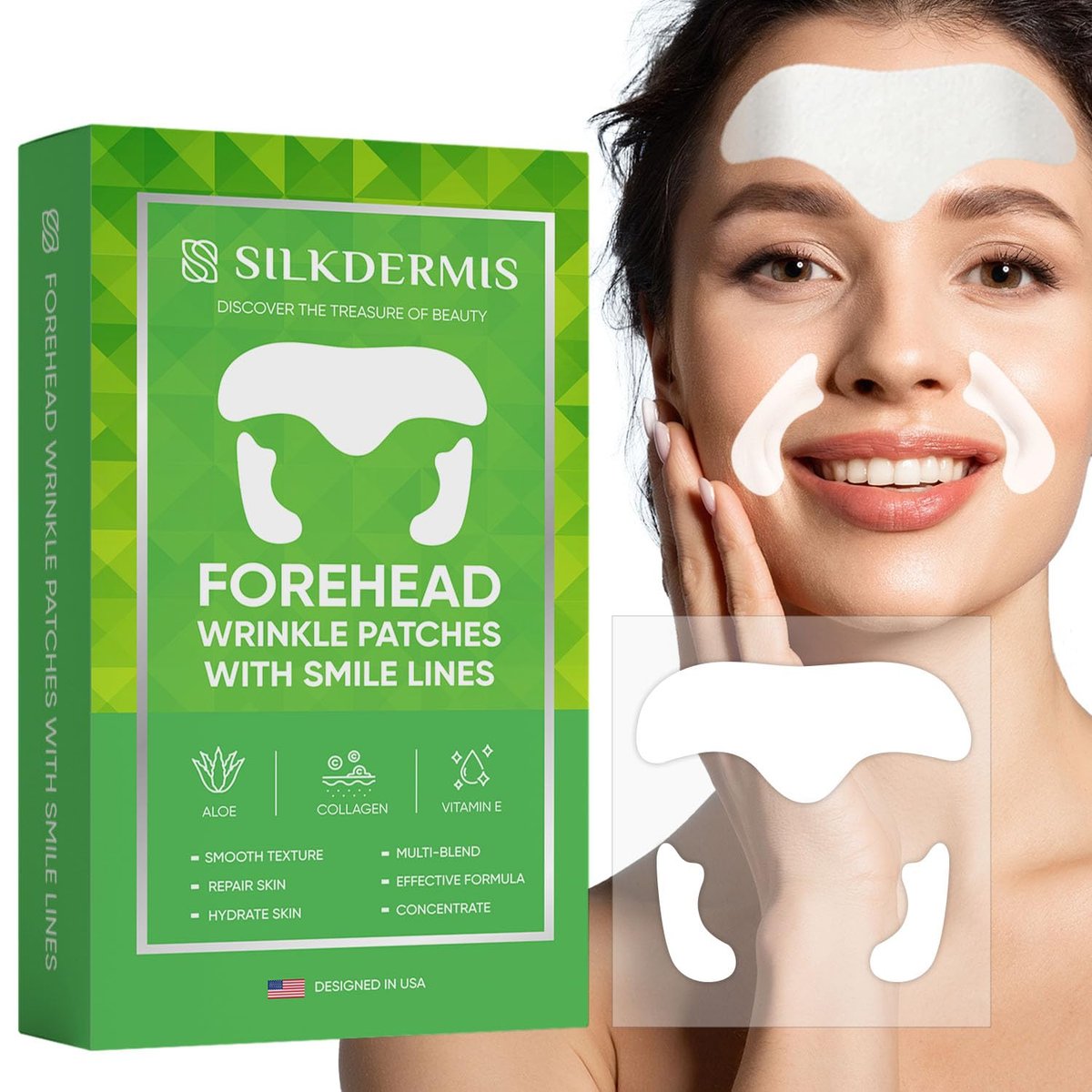 SILKDERMIS Smile Line and Forehead Wrinkle Patches – 24 Smile Line + 12 Forehead Patches with Aloe, Collagen & Vitamin E Avelisse