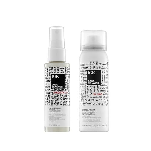 IGK GOOD BEHAVIOR Smoothing Frizz Fighters Travel Set | 4-in-1 Prep Spray + Spirulina Protein Smoothing Spray | Frizz Control & Heat Protectant | Vegan & Cruelty Free Avelisse