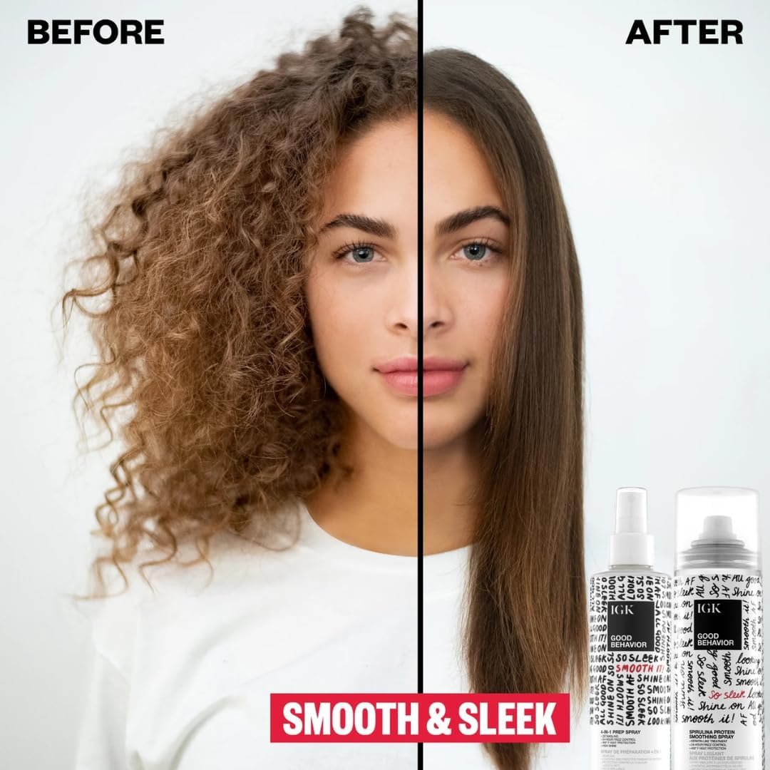 IGK GOOD BEHAVIOR Smoothing Frizz Fighters Travel Set | 4-in-1 Prep Spray + Spirulina Protein Smoothing Spray | Frizz Control & Heat Protectant | Vegan & Cruelty Free Avelisse