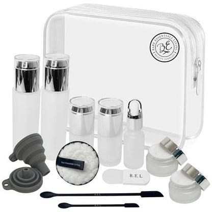 14-Piece Travel Skincare Containers Set with TSA-Approved Toiletry Bag & Glass Bottles – Leakproof Pump, Spray & Dropper Bottles for Serum, Moisturizer, Oil & Cream (Silver, 3.4 oz) Avelisse
