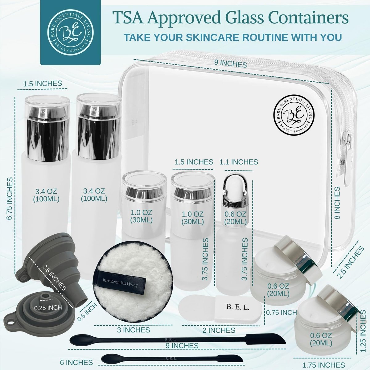 14-Piece Travel Skincare Containers Set with TSA-Approved Toiletry Bag & Glass Bottles – Leakproof Pump, Spray & Dropper Bottles for Serum, Moisturizer, Oil & Cream (Silver, 3.4 oz) Avelisse
