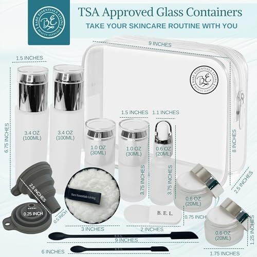 14-Piece Travel Skincare Containers Set with TSA-Approved Toiletry Bag & Glass Bottles – Leakproof Pump, Spray & Dropper Bottles for Serum, Moisturizer, Oil & Cream (Silver, 3.4 oz) Avelisse