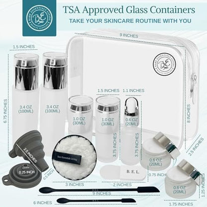 14-Piece Travel Skincare Containers Set with TSA-Approved Toiletry Bag & Glass Bottles – Leakproof Pump, Spray & Dropper Bottles for Serum, Moisturizer, Oil & Cream (Silver, 3.4 oz) Avelisse