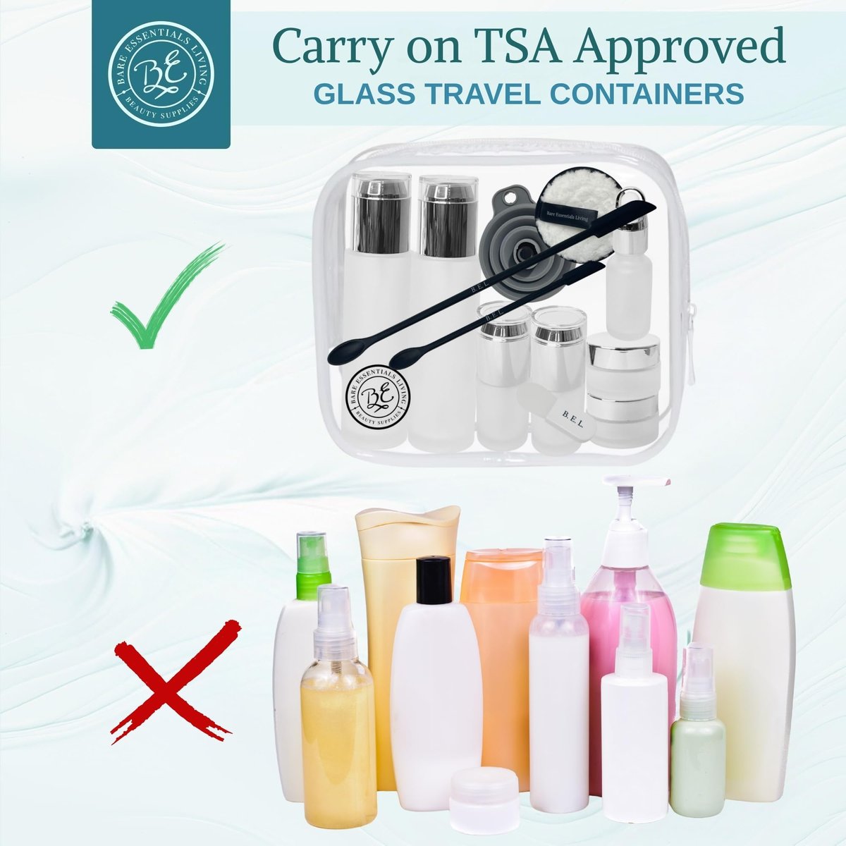 14-Piece Travel Skincare Containers Set with TSA-Approved Toiletry Bag & Glass Bottles – Leakproof Pump, Spray & Dropper Bottles for Serum, Moisturizer, Oil & Cream (Silver, 3.4 oz) Avelisse