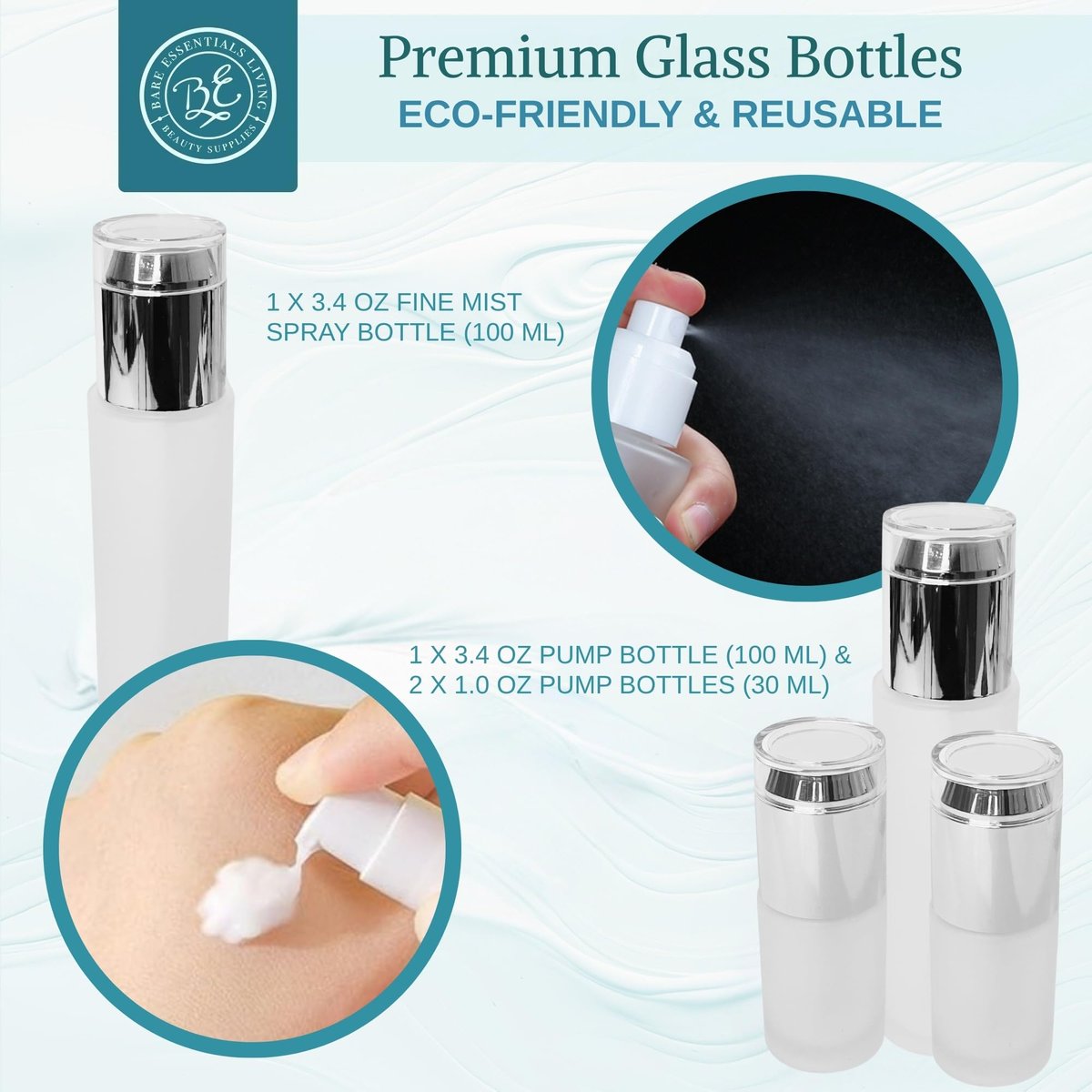 14-Piece Travel Skincare Containers Set with TSA-Approved Toiletry Bag & Glass Bottles – Leakproof Pump, Spray & Dropper Bottles for Serum, Moisturizer, Oil & Cream (Silver, 3.4 oz) Avelisse