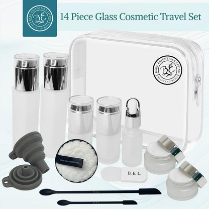 14-Piece Travel Skincare Containers Set with TSA-Approved Toiletry Bag & Glass Bottles – Leakproof Pump, Spray & Dropper Bottles for Serum, Moisturizer, Oil & Cream (Silver, 3.4 oz) Avelisse