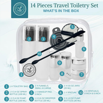 14-Piece Travel Skincare Containers Set with TSA-Approved Toiletry Bag & Glass Bottles – Leakproof Pump, Spray & Dropper Bottles for Serum, Moisturizer, Oil & Cream (Silver, 3.4 oz) Avelisse