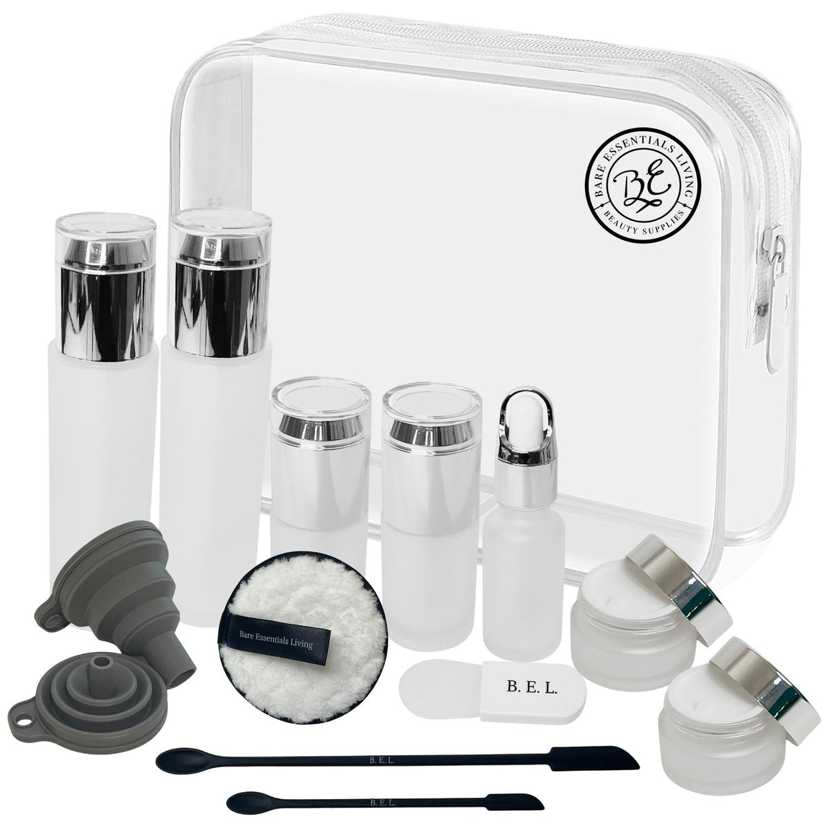 14-Piece Travel Skincare Containers Set with TSA-Approved Toiletry Bag & Glass Bottles – Leakproof Pump, Spray & Dropper Bottles for Serum, Moisturizer, Oil & Cream (Silver, 3.4 oz) Avelisse