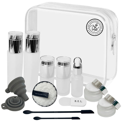 14-Piece Travel Skincare Containers Set with TSA-Approved Toiletry Bag & Glass Bottles – Leakproof Pump, Spray & Dropper Bottles for Serum, Moisturizer, Oil & Cream (Silver, 3.4 oz) Avelisse