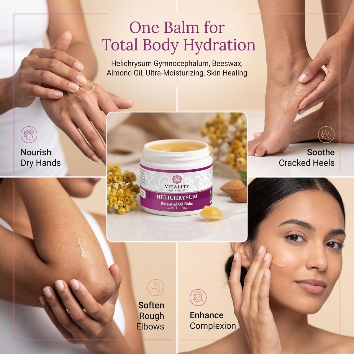 Vitality Extracts Helichrysum Balm - 2oz, Ultra-Moisturizing Skin Healing with Beeswax & Almond Oil Avelisse