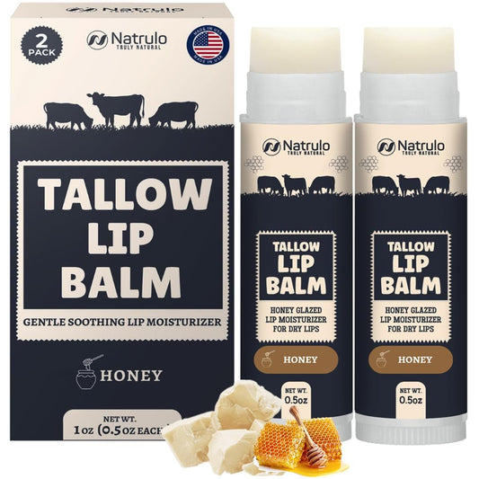 Natrulo Beef Tallow Lip Balm – Natural Tallow & Beeswax Chapstick – Hydrating Moisturizer for Chapped Dry Lips, Sensitive Skin – Long Lasting Vitamin Rich USA-Made 2-Pack