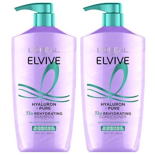 L'Oreal Paris Elvive Hyaluron + Pure Shampoo and Conditioner Set - Clarifying Shampoo & Rehydrating Conditioner with Salicylic Acid and Hyaluronic Acid, 28 Fl Oz (Pack of 2) Avelisse