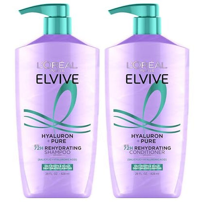 L'Oreal Paris Elvive Hyaluron + Pure Shampoo and Conditioner Set - Clarifying Shampoo & Rehydrating Conditioner with Salicylic Acid and Hyaluronic Acid, 28 Fl Oz (Pack of 2) Avelisse
