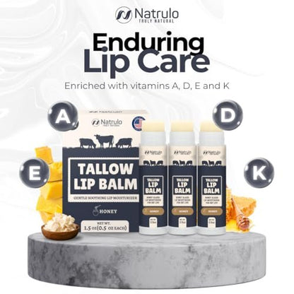 Beef Tallow Lip Balm – Natural Tallow & Beeswax Chapstick – Hydrating Moisturizer with Grass Fed Bison Tallow – Soothes Chapped Dry Lips, Sensitive Skin – Long Lasting Vitamin Rich USA-Made 3-Pack