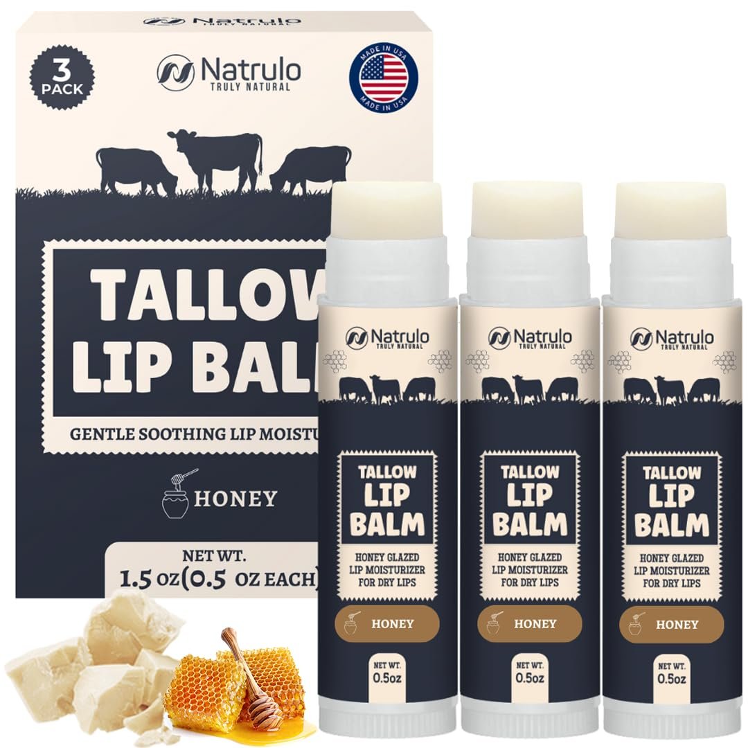 Beef Tallow Lip Balm – Natural Tallow & Beeswax Chapstick – Hydrating Moisturizer with Grass Fed Bison Tallow – Soothes Chapped Dry Lips, Sensitive Skin – Long Lasting Vitamin Rich USA-Made 3-Pack - görsel 1