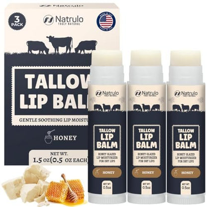 Beef Tallow Lip Balm – Natural Tallow & Beeswax Chapstick – Hydrating Moisturizer with Grass Fed Bison Tallow – Soothes Chapped Dry Lips, Sensitive Skin – Long Lasting Vitamin Rich USA-Made 3-Pack