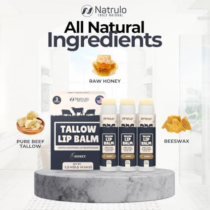 Beef Tallow Lip Balm – Natural Tallow & Beeswax Chapstick – Hydrating Moisturizer with Grass Fed Bison Tallow – Soothes Chapped Dry Lips, Sensitive Skin – Long Lasting Vitamin Rich USA-Made 3-Pack