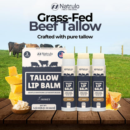 Beef Tallow Lip Balm – Natural Tallow & Beeswax Chapstick – Hydrating Moisturizer with Grass Fed Bison Tallow – Soothes Chapped Dry Lips, Sensitive Skin – Long Lasting Vitamin Rich USA-Made 3-Pack
