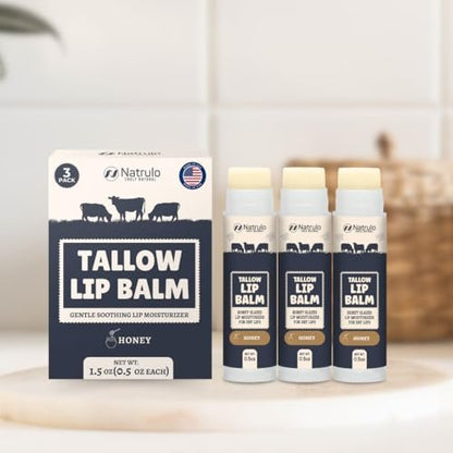 Beef Tallow Lip Balm – Natural Tallow & Beeswax Chapstick – Hydrating Moisturizer with Grass Fed Bison Tallow – Soothes Chapped Dry Lips, Sensitive Skin – Long Lasting Vitamin Rich USA-Made 3-Pack