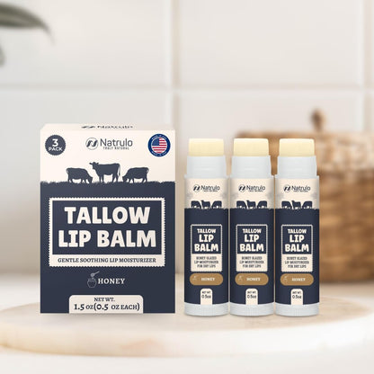 Beef Tallow Lip Balm – Natural Tallow & Beeswax Chapstick – Hydrating Moisturizer with Grass Fed Bison Tallow – Soothes Chapped Dry Lips, Sensitive Skin – Long Lasting Vitamin Rich USA-Made 3-Pack