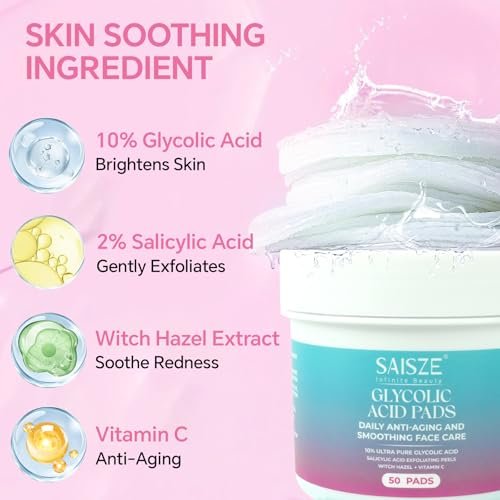 SAISZE Glycolic Acid Pads for Face – Exfoliating Toner Pads with 2% Salicylic Acid, 50 Count, Improves Pores, Smooths Skin - görsel 4