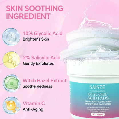 SAISZE Glycolic Acid Pads for Face – Exfoliating Toner Pads with 2% Salicylic Acid, 50 Count, Improves Pores, Smooths Skin