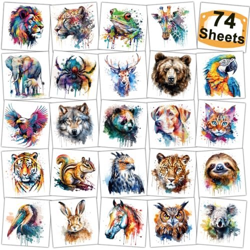 CHARLENT Watercolor Safari Animals Temporary Tattoos for Kids Party Supplies - 74 Individually Wrapped Sheets, Animal Tattoos for Boys Girls Birthday Party Favors Avelisse