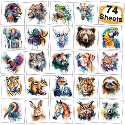 CHARLENT Watercolor Safari Animals Temporary Tattoos for Kids Party Supplies - 74 Individually Wrapped Sheets, Animal Tattoos for Boys Girls Birthday Party Favors Avelisse