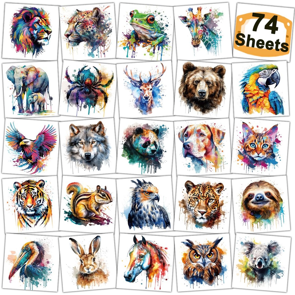 CHARLENT Watercolor Safari Animals Temporary Tattoos for Kids Party Supplies - 74 Individually Wrapped Sheets, Animal Tattoos for Boys Girls Birthday Party Favors Avelisse