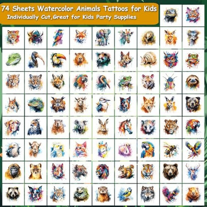 CHARLENT Watercolor Safari Animals Temporary Tattoos for Kids Party Supplies - 74 Individually Wrapped Sheets, Animal Tattoos for Boys Girls Birthday Party Favors Avelisse