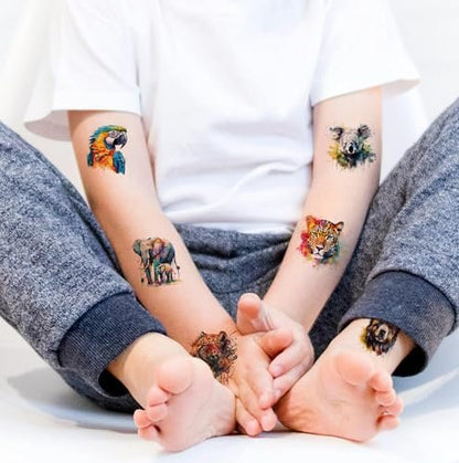 CHARLENT Watercolor Safari Animals Temporary Tattoos for Kids Party Supplies - 74 Individually Wrapped Sheets, Animal Tattoos for Boys Girls Birthday Party Favors Avelisse