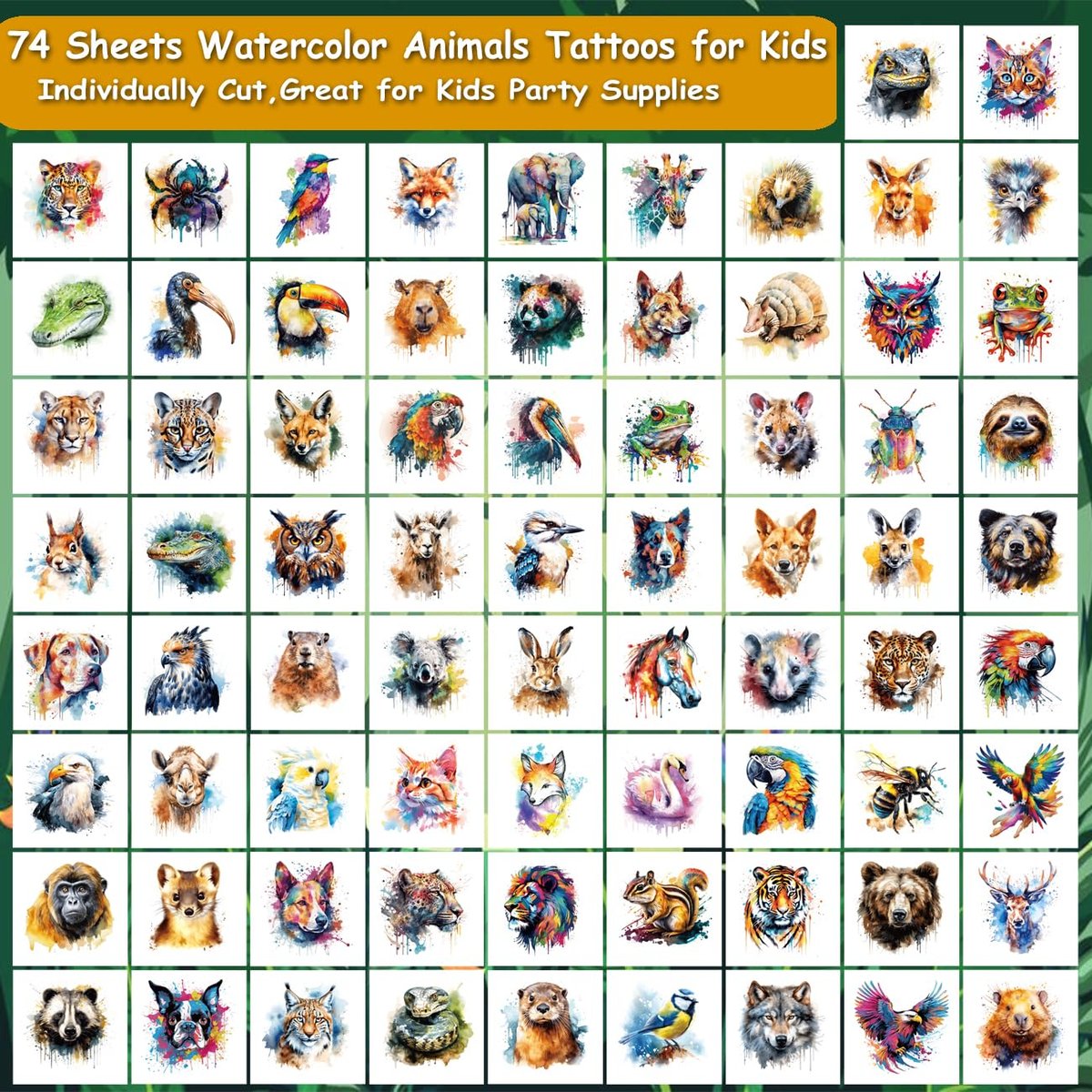 CHARLENT Watercolor Safari Animals Temporary Tattoos for Kids Party Supplies - 74 Individually Wrapped Sheets, Animal Tattoos for Boys Girls Birthday Party Favors Avelisse