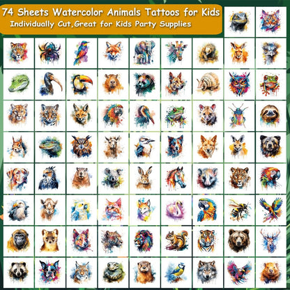 CHARLENT Watercolor Safari Animals Temporary Tattoos for Kids Party Supplies - 74 Individually Wrapped Sheets, Animal Tattoos for Boys Girls Birthday Party Favors Avelisse