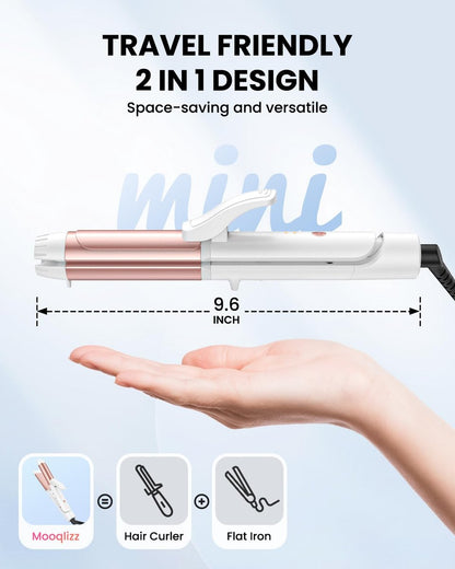 Mooqlizz Dual Voltage Curling Iron - Mini Travel Size 1.2 Inch Ceramic Tourmaline Hair Straightener with Adjustable Temperature, European Plug Included Avelisse