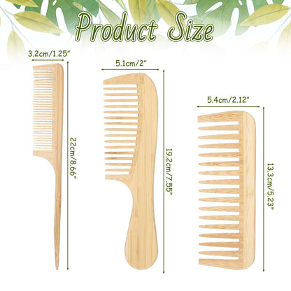 3-Piece Natural Handmade Bamboo Anti-Static Comb Set – Wide Tooth, Rat Tail & Fine Tooth for Hair and Beard Avelisse
