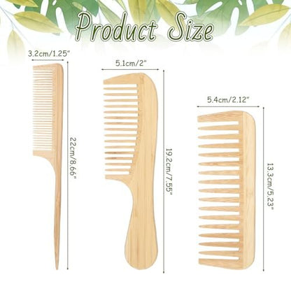 3-Piece Natural Handmade Bamboo Anti-Static Comb Set – Wide Tooth, Rat Tail & Fine Tooth for Hair and Beard Avelisse