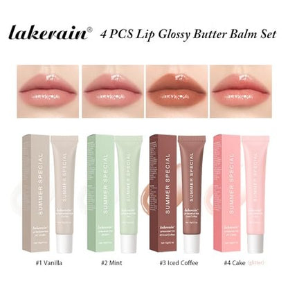 Lakerain 4 PCS Lip Glossy Butter Nourishing Balm Set - Lightweight, Non-Sticky, Long-Lasting Lip Care
