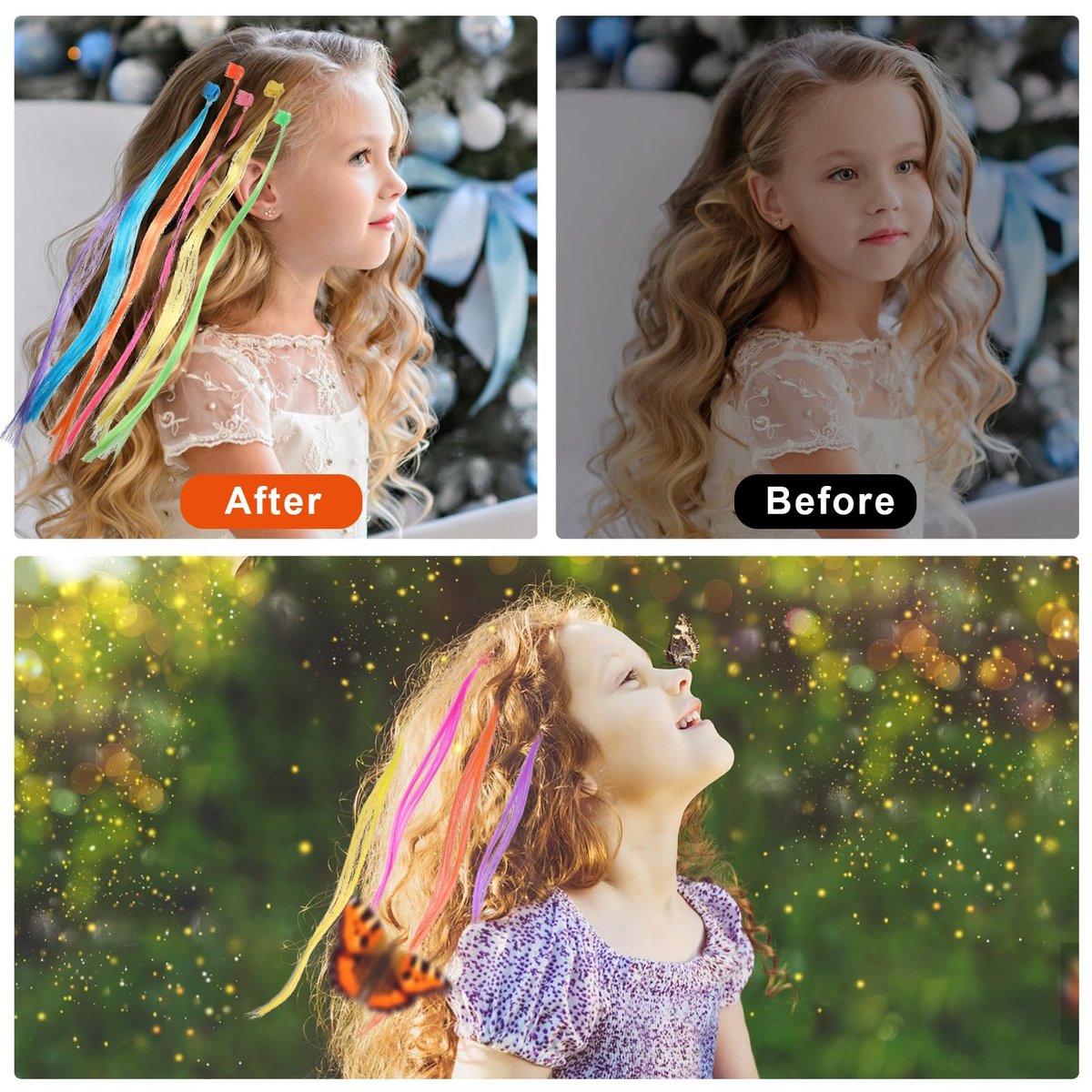 Vin Beauty 36 Pack Colored Hair Extensions for Girls - Clip-In, 33cm Length, 6 Vibrant Colors (Pink, Blue, Purple, Orange, Green, Yellow) - Braid & Straight Styles - görsel 7