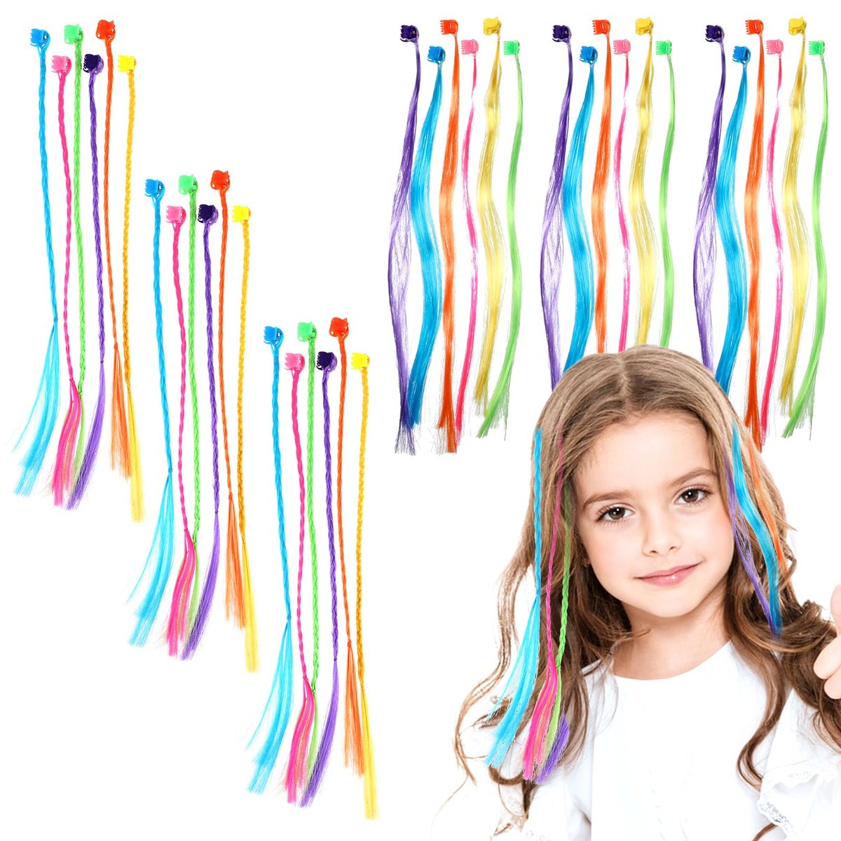 Vin Beauty 36 Pack Colored Hair Extensions for Girls - Clip-In, 33cm Length, 6 Vibrant Colors (Pink, Blue, Purple, Orange, Green, Yellow) - Braid & Straight Styles - görsel 1