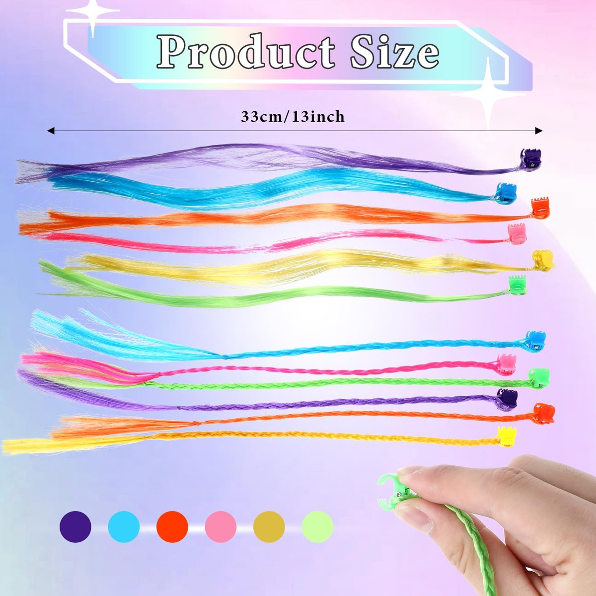 Vin Beauty 36 Pack Colored Hair Extensions for Girls - Clip-In, 33cm Length, 6 Vibrant Colors (Pink, Blue, Purple, Orange, Green, Yellow) - Braid & Straight Styles - görsel 3