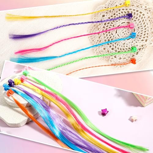 Vin Beauty 36 Pack Colored Hair Extensions for Girls - Clip-In, 33cm Length, 6 Vibrant Colors (Pink, Blue, Purple, Orange, Green, Yellow) - Braid & Straight Styles - görsel 6