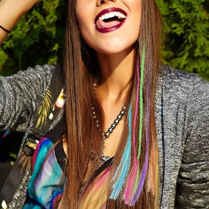 Vin Beauty 36 Pack Colored Hair Extensions for Girls - Clip-In, 33cm Length, 6 Vibrant Colors (Pink, Blue, Purple, Orange, Green, Yellow) - Braid & Straight Styles