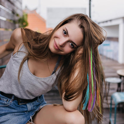 Vin Beauty 36 Pack Colored Hair Extensions for Girls - Clip-In, 33cm Length, 6 Vibrant Colors (Pink, Blue, Purple, Orange, Green, Yellow) - Braid & Straight Styles