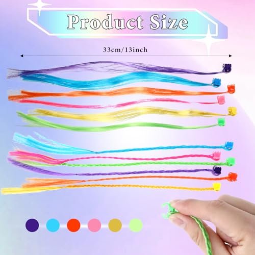 Vin Beauty 36 Pack Colored Hair Extensions for Girls - Clip-In, 33cm Length, 6 Vibrant Colors (Pink, Blue, Purple, Orange, Green, Yellow) - Braid & Straight Styles - görsel 4