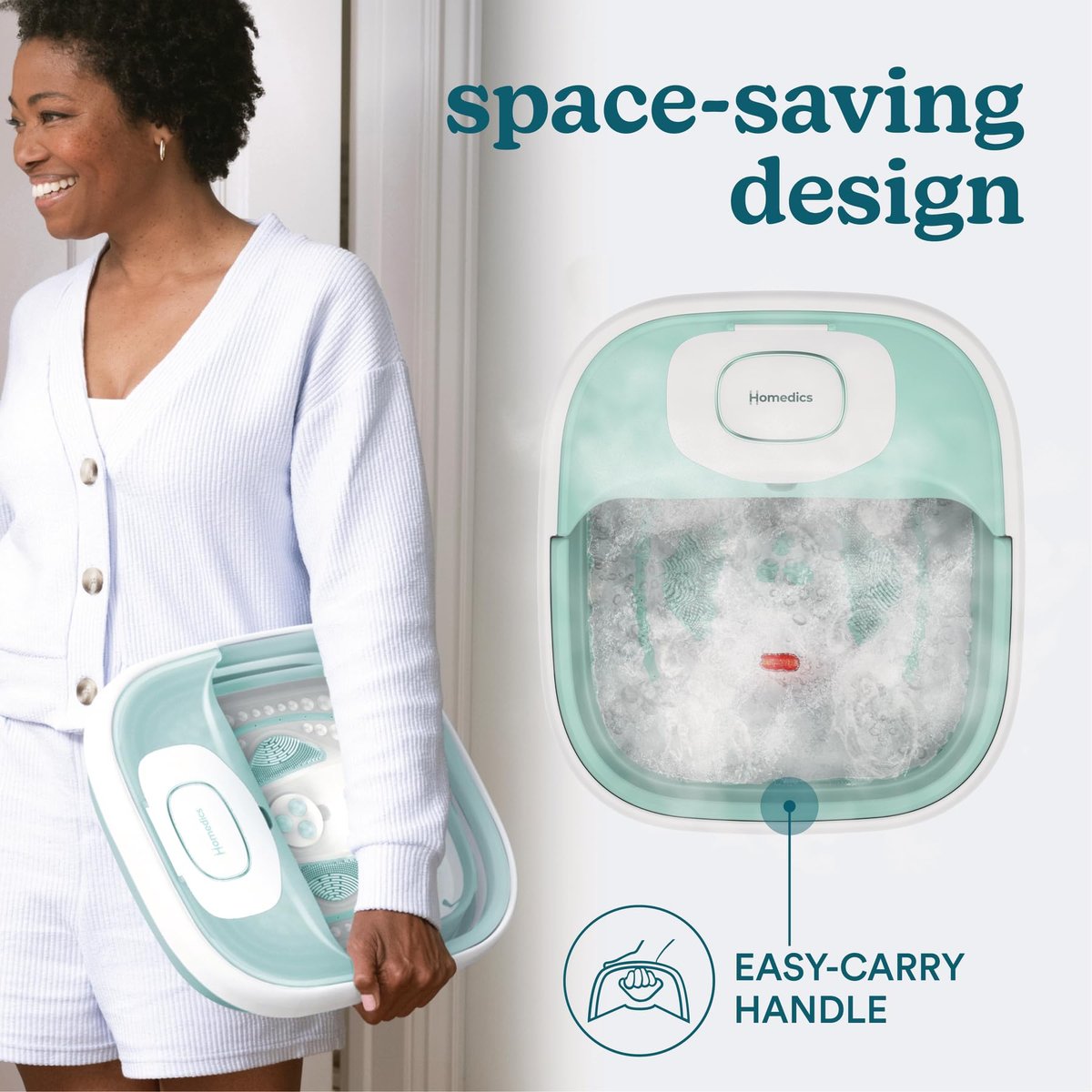 HoMedics Smart Space Elite Collapsible Footbath with Heat Boost, Bubble Massage & 3 Pedicure Attachments - Teal Avelisse