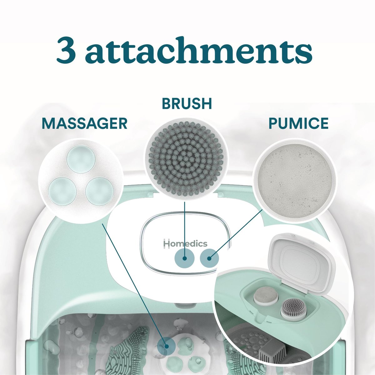 HoMedics Smart Space Elite Collapsible Footbath with Heat Boost, Bubble Massage & 3 Pedicure Attachments - Teal Avelisse